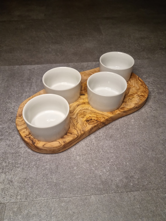 Servierbrett aus Olivenholz mit 4 Dipschalen, Olivenholzbrett mit Schalen