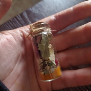 May include: A small, clear glass bottle filled with dried herbs and spices. The bottle is sealed with a cork and twine. The contents include green leaves, yellow powder, and small red petals. The bottle is held in a hand.