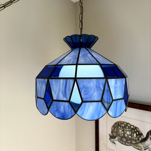Vintage Tiffany Style Blue Stained Glass Slag Glass Hanging Light White Milk Glass Globe, Pendant Chandelier Ceiling Light, Swag Lamp Light