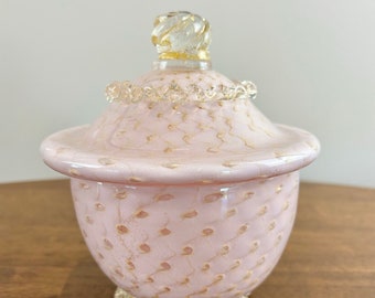 Stunning Murano Alfredo Barbini Pink Gold Bullicante Covered Candy Box Dish, Controlled Bubbles Powder Box, Italian Art Glass