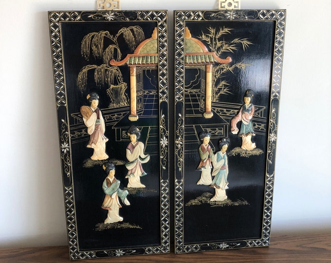 Vintage Asian Wall Panels set of 2, Geisha Girls Temple Wall Panels
