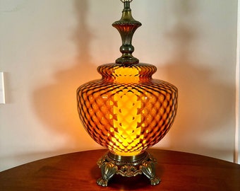 Vintage Amber Glass Table Lamp, Hollywood Regency Style Lamp, MCM Amber Glass Table Lamp, 1960's Table Lamp