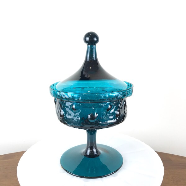 Mid Century Stelvia Wayne Husted Antigua Italian Blue Glass Lidded Compote Dish, Empoli Italian Art Glass, Collectible Glass Candy Dish