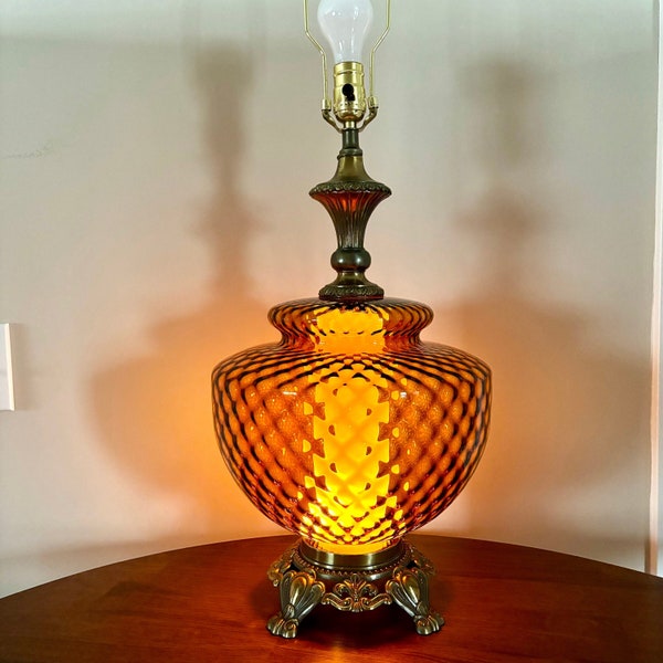 Vintage Amber Glass Table Lamp, Hollywood Regency Style Lamp, MCM Amber Glass Table Lamp, 1960's Table Lamp