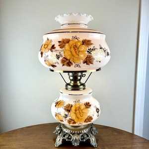 Vintage Hand Painted Milk Glass Floral Yellow Brown Gold Hurricane Table Lamp, Milk Glass Parlor Lamp, Bedroom Lamp, GWTW Table Lamp