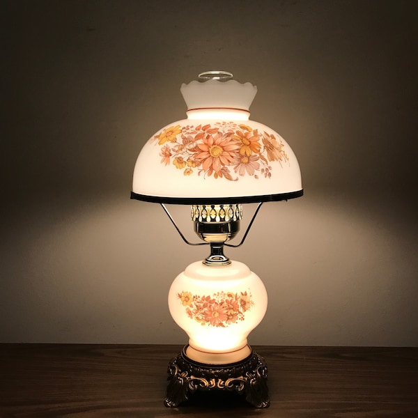 Vintage White Milk Glass Brown Yellow Floral Hurricane Table Lamp, Milk Glass Parlor Lamp, Bedroom Lamp, GWTW Table Lamp