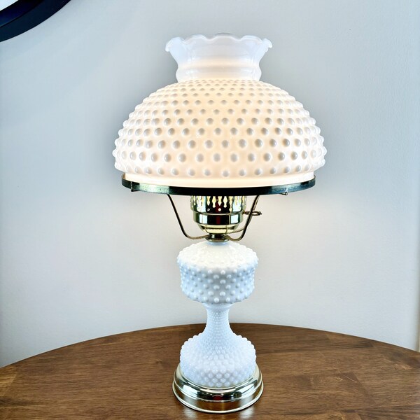 Vintage White Hobnail Milk Glass Hurricane Table Lamp, Mid Century Table Lamp, Bedroom Lamp