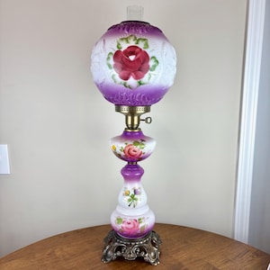 Vintage Hand Painted Purple Red Roses Floral Gone With The Wind Lamp | Vintage Hurricane Lamp | Vintage Lamp | Milk Glass Lamp