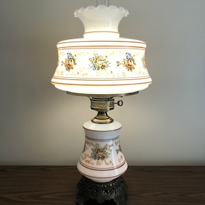 Large Abigail Adams Hurricane Lamp, Vintage Quoizel Lamp, Milk Glass Brown Blue Floral Hurricane Lamp, 14&quot; Milk Glass Shade, GWTW Table Lamp