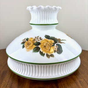 Vintage Hurricane Lamp Shade | Yellow Roses Milk Glass Hurricane Shade | Milk Glass Shade | 10 Inch Fitter | Glass Lamp Shade | Glass Shade