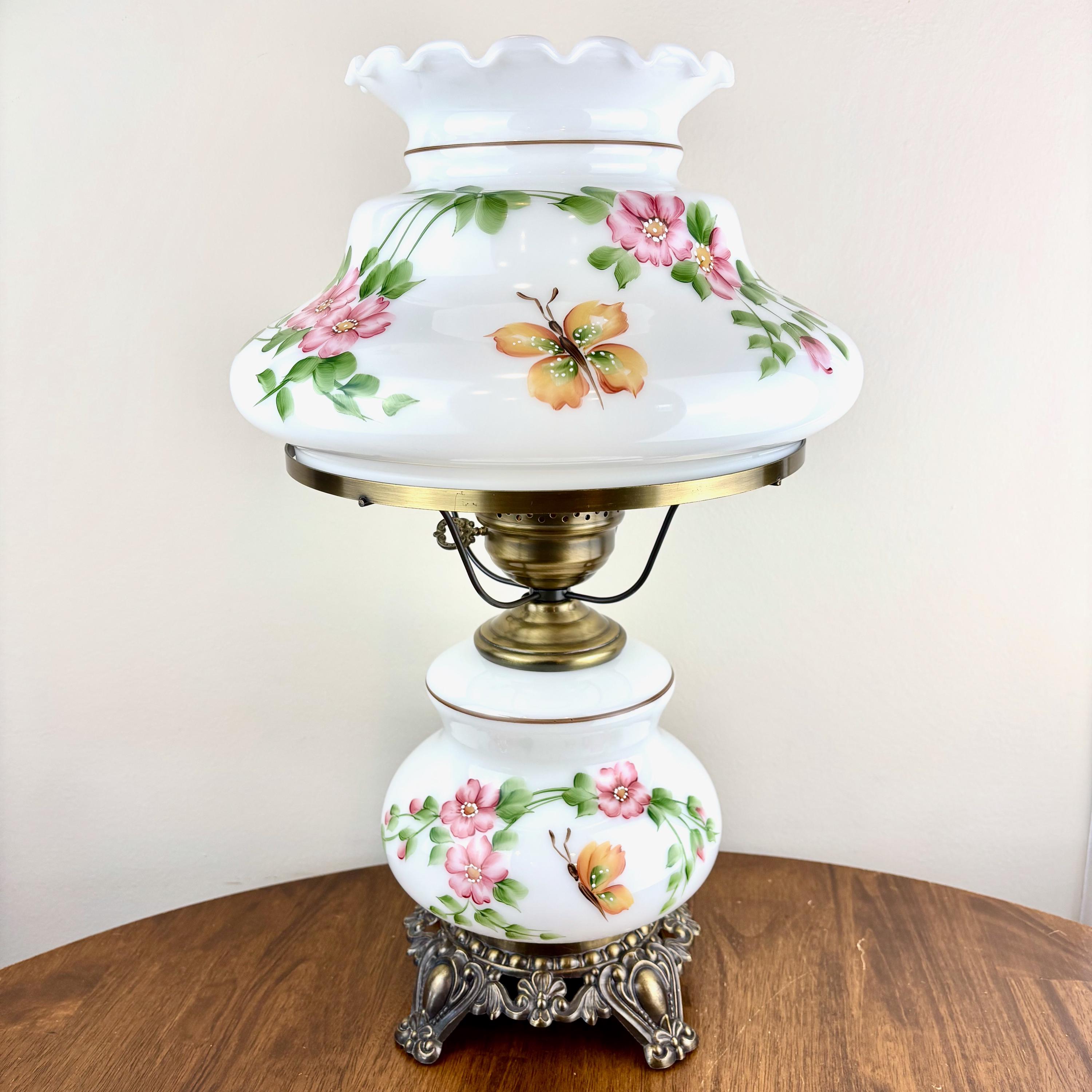 Vintage Butterfly Pink Floral Milk Glass Hurricane Lamp | Vintage