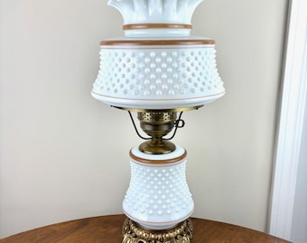 Vintage vit hobnail brun kant mjölkglas orkanlampa | Vintage orkanlampa | Borta med vinden lampa | Vintage lampa