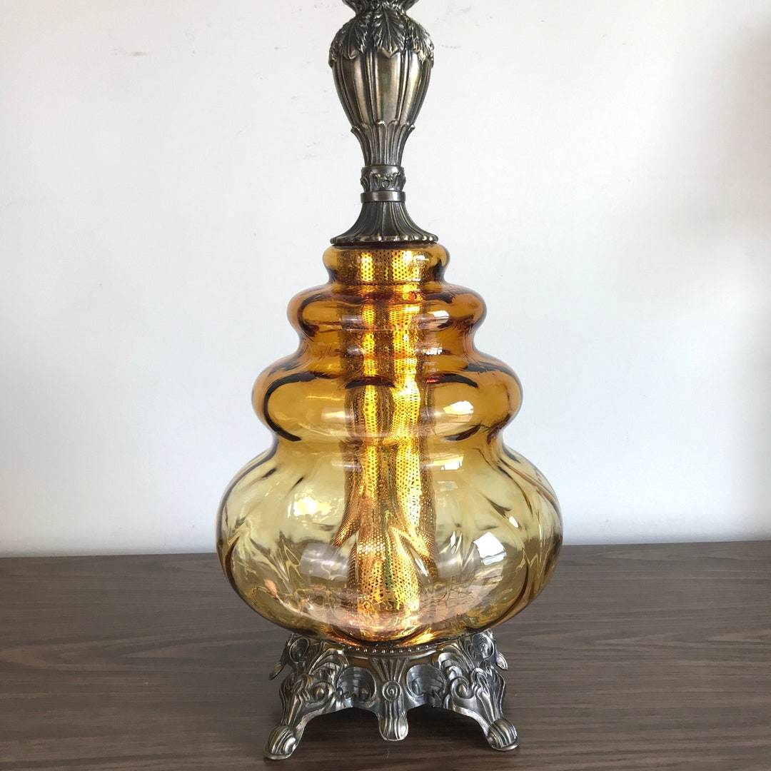 Vintage Amber Glass Table Lamp Hollywood Regency Style Lamp Etsy
