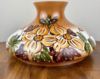 Pantalla de lámpara de huracán vintage con estampado floral marrón y naranja / Soporte de 25 cm / Pantalla de vidrio opalino / Pantalla de lámpara de huracán vintage