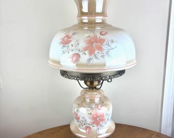 Vintage Beige Luster Pink White Floral Milk Glass Hurricane Lamp | Vintage Lamp | Milk Glass Lamp | Vintage Hurricane Lamp