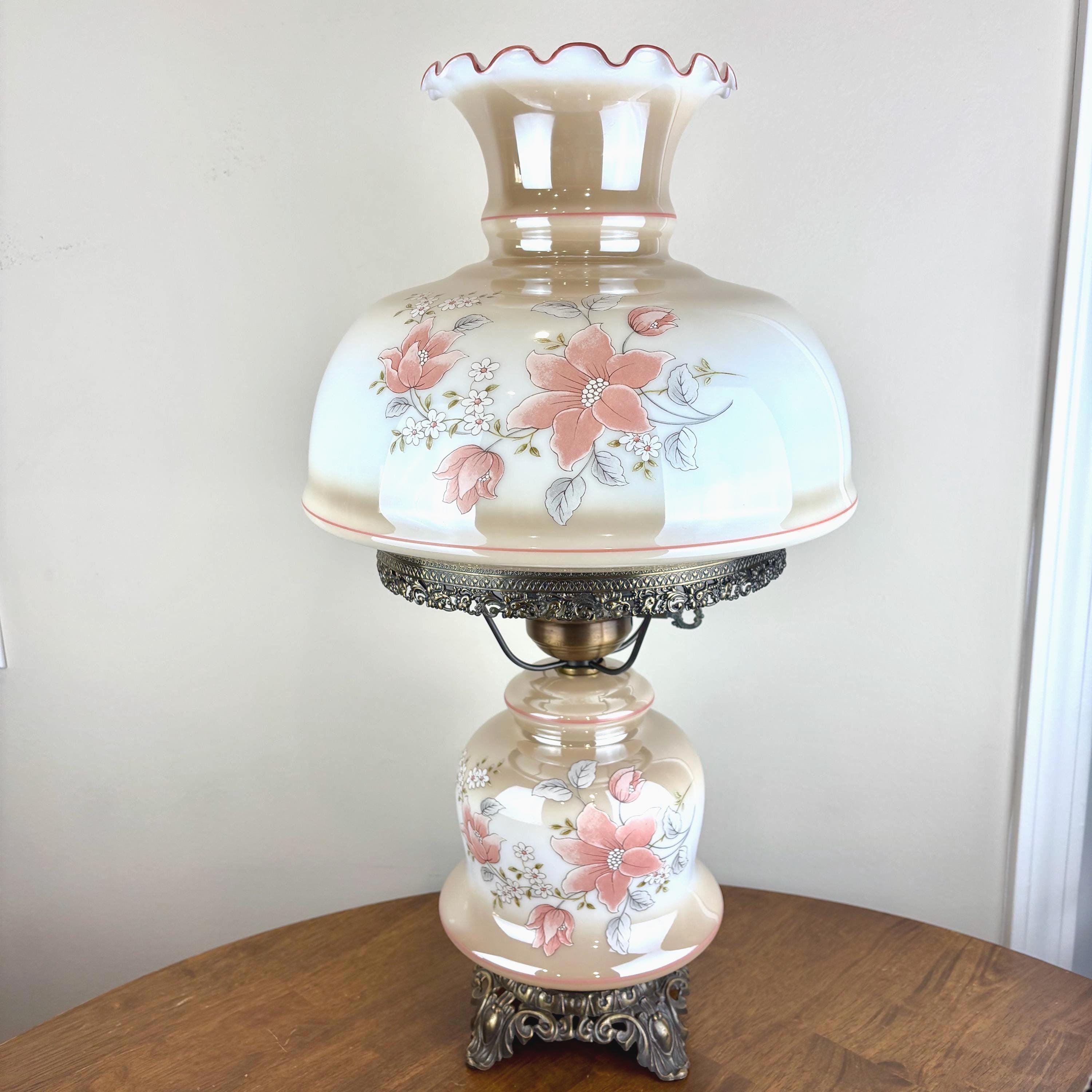 Vintage Beige Luster Pink White Floral Milk Glass Hurricane Lamp