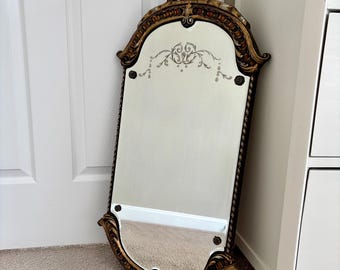 Antique July 16, 1928 Dots Leaves Etched Glass Ornate Wood Frame Wall Mirror | Art Deco Mirror | Vintage Mirror | Antique Mirror