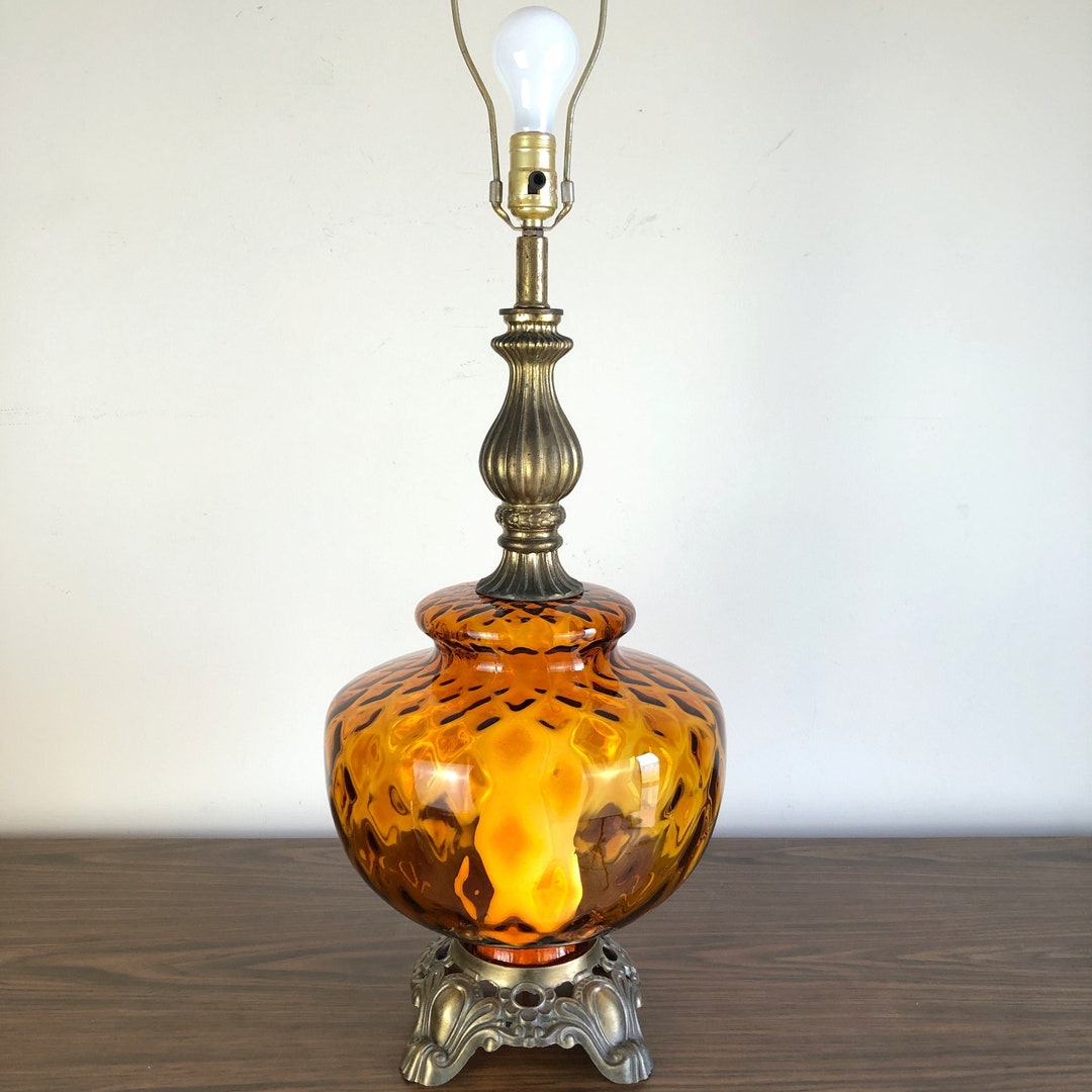 Vintage Amber Glass Table Lamp, Hollywood Regency Style Lamp, MCM Amber