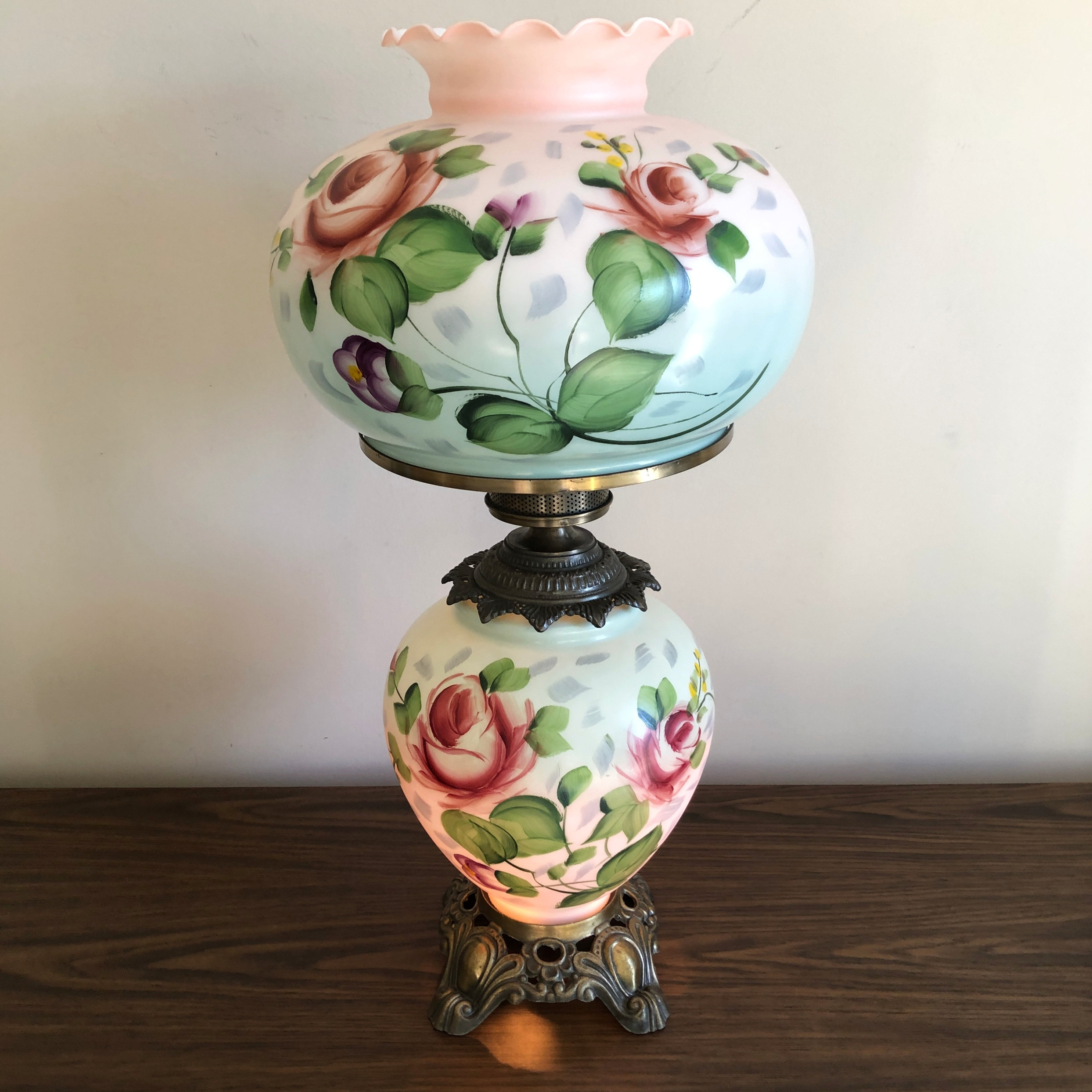 Large Vintage Rose Hurricane Lamp, Hand Painted Roses 3-way Floral Lamp,  Parlor Lamp, Bedroom Lamp, GWTW Table Lamp 