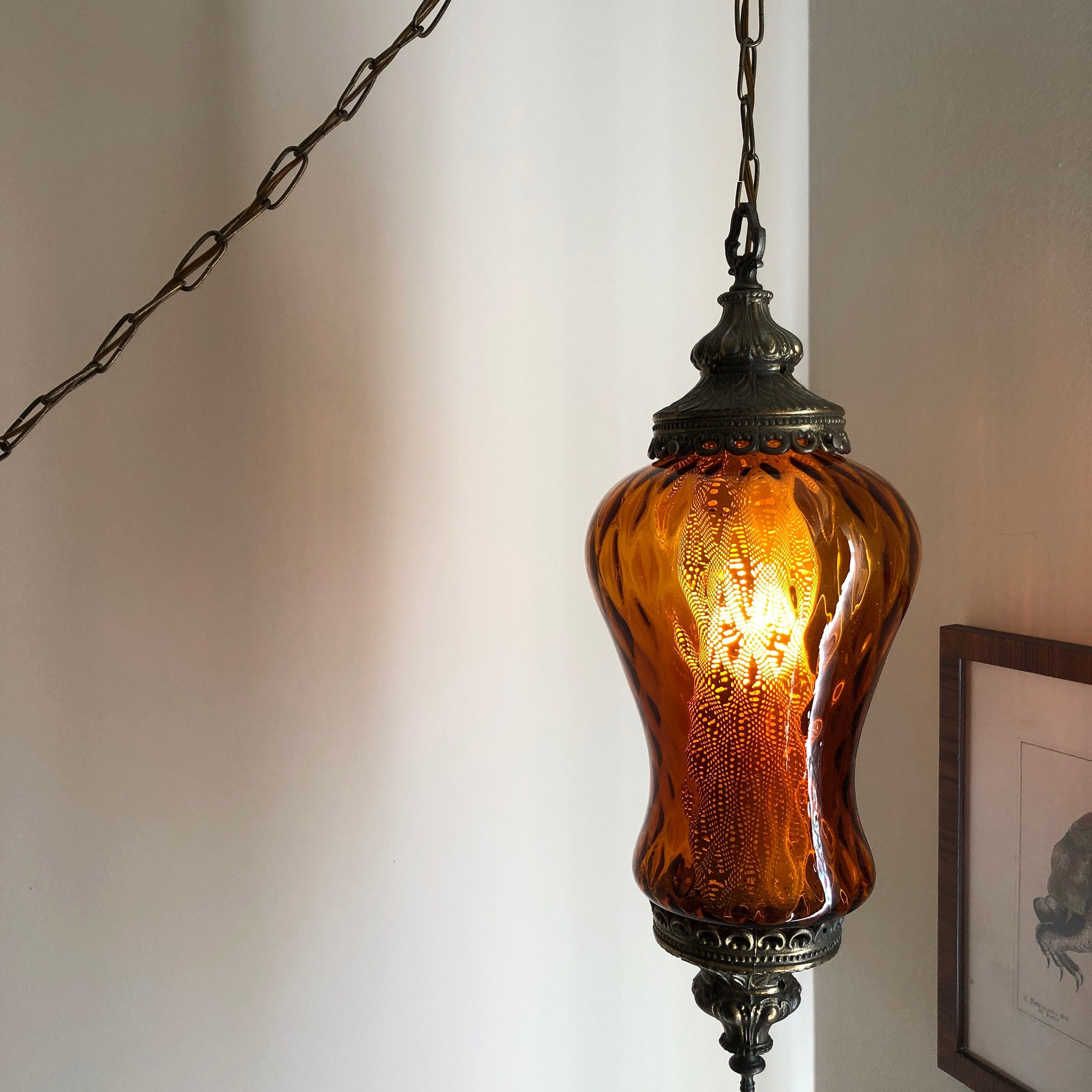 Vintage amber deals glass hanging lamp