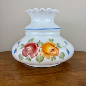 Vintage Hurricane Lamp Shade | Red Yellow Blue Floral Hurricane Shade | Milk Glass Shade | 7 Inch Fitter | Glass Shade | Glass Lamp Shade