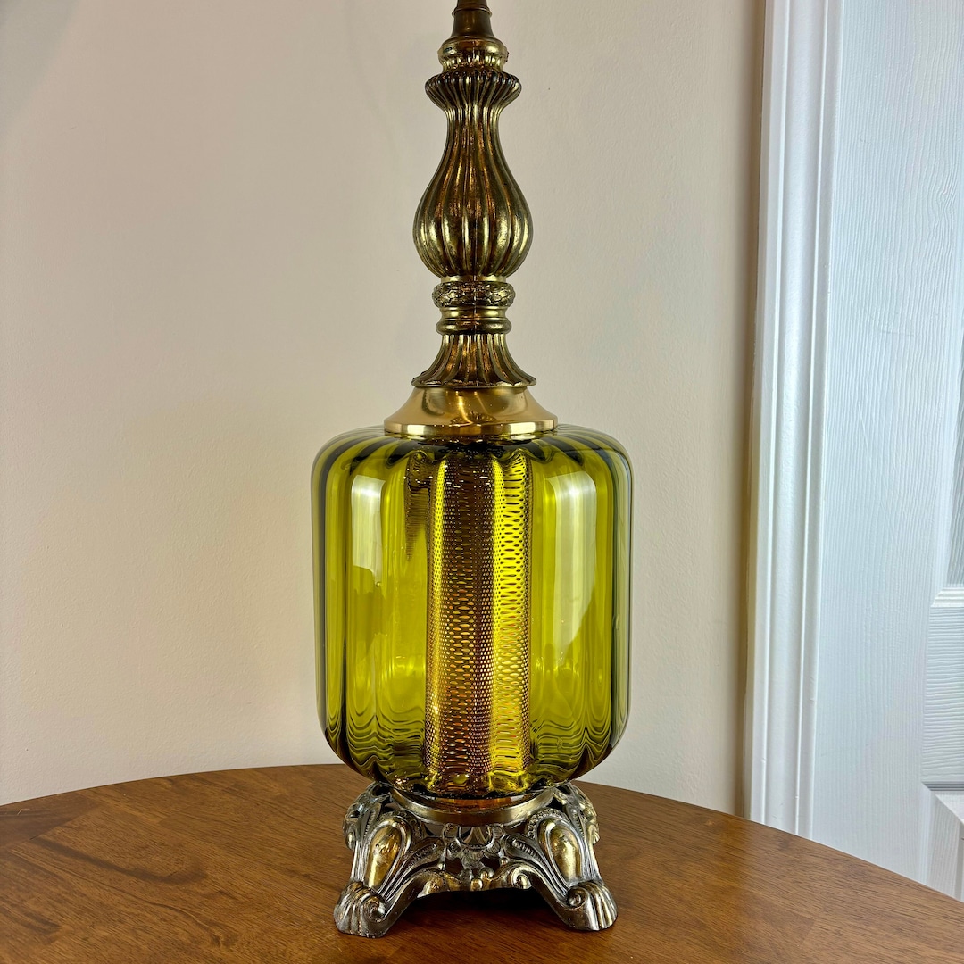 Vintage Green Glass Table Lamp, Hollywood Regency Table Lamp, 1970's