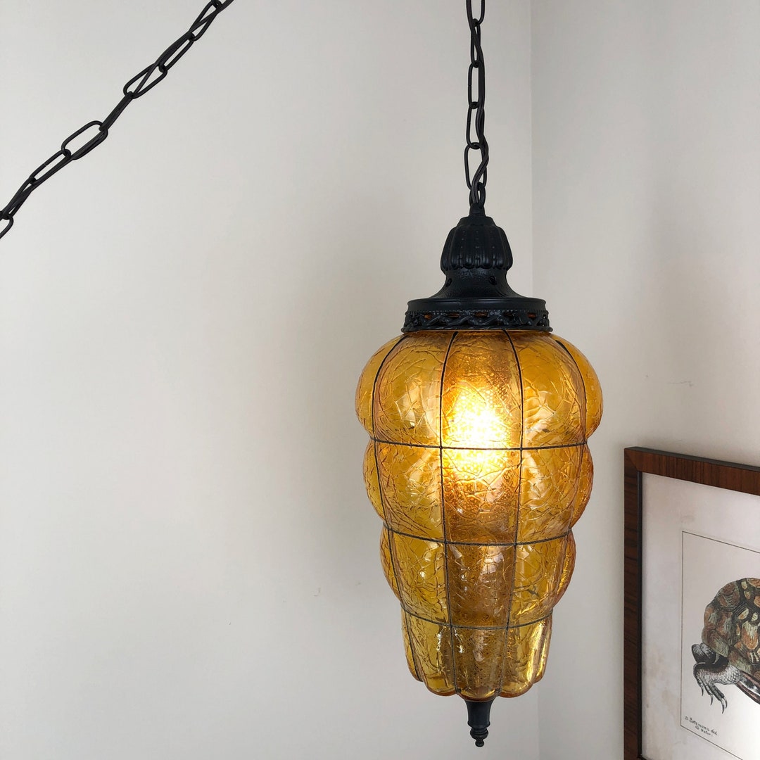 Vintage Amber Swag Lamp, Amber Glass Swag Light, Pendant Chandelier