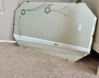 Lustro ścienne bezramowe ze szkła fazowanego w stylu art déco z trawionym motywem kwiatowym | Lustro w stylu art déco | Lustro w stylu vintage | Lustro antyczne | Lustro trawione