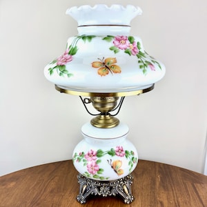 Vintage Butterfly Pink Floral Milk Glass Hurricane Lamp | Vintage Hurricane Lamp | Gone With The Wind Lamp | Vintage Lamp | Milk Glass Lamp