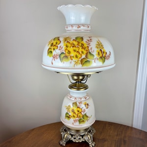 Vintage Large Yellow Floral Hurricane Lamp | Vintage Hurricane Lamp | Vintage Lamp | Milk Glass Lamp | Gone With The Wind Lamp