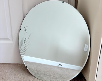 Zabytkowe, bezramowe, fazowane, okrągłe lustro ścienne z czerwca 1947 r., 23,75 cala | Lustro trawione | Lustro vintage | Lustro trawione | Lustro w stylu art déco
