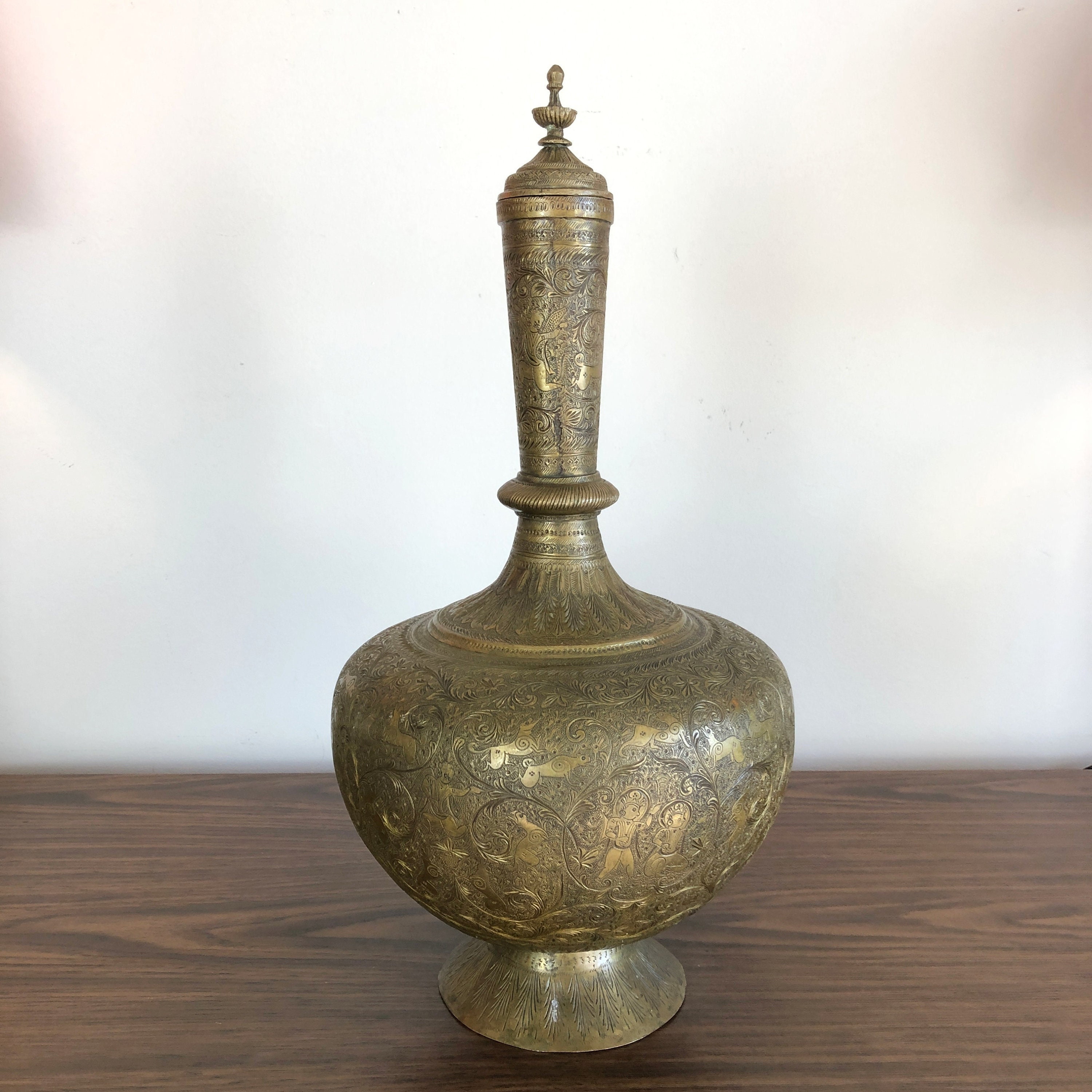 Buy Antique Engraved Brass Surahi, Antique Indian Water Vessel, 19th  Century Brass Bottle Vase With Lid, Antique Brass Surahi Online in India 
