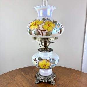 Vintage Milk Glass Opalescent Luster Yellow Blue Floral Hurricane Lamp | Gone With The Wind Lamp | Milk Glass Lamp | Vintage Lamp