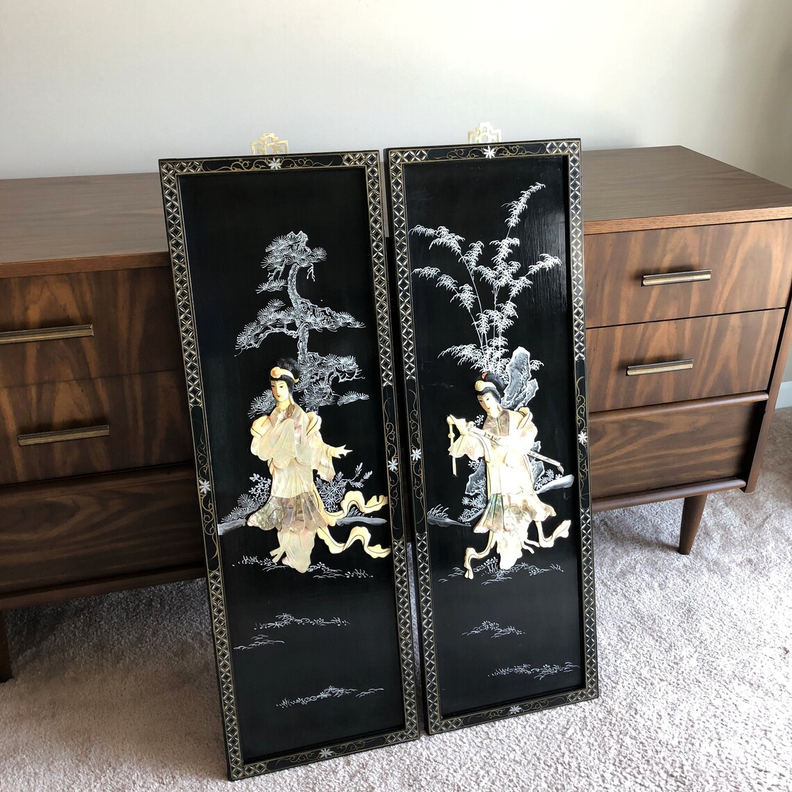 Vintage Asian Wall Panels set of 2 Geisha Girls Bonsai Wall Etsy