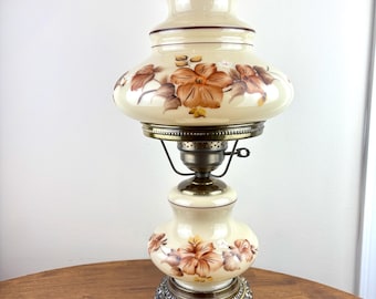 Vintage Brown Floral Tan Glass Hurricane Lamp | Vintage Hurricane Lamp Gone With The Wind Lamp | Vintage Lamp | Milk Glass Lamp