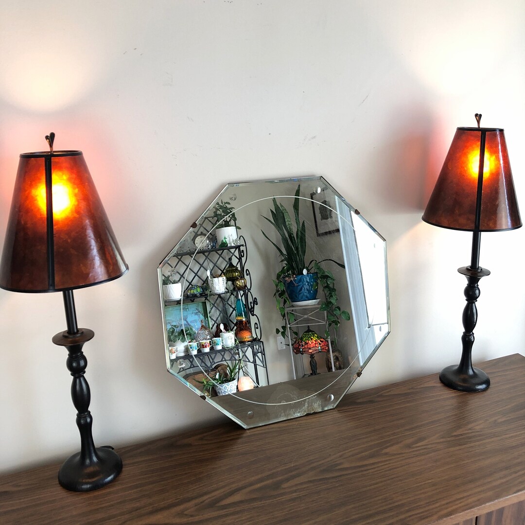 Vintage Etched Beveled Frameless Octagon Wall Mirror, Vintage Etched