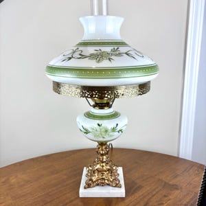 Vintage Green Roses Green Trim Floral Hurricane Lamp | Vintage Hurricane Lamp | Vintage Lamp | Milk Glass Lamp | Gone With The Wind Lamp