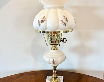 Vintage White Floral Leaves Melon Hurricane Lamp | Vintage Hurricane Lamp | Vintage Lamp | Milk Glass Lamp | Gone With The Wind Lamp