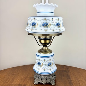 Vintage Quoizel Abigail Adams Blue Floral Hurricane Lamp Small 16.5&quot; | 1973 Milk Glass Lamp | Vintage Hurricane Lamp | Vintage Lamp