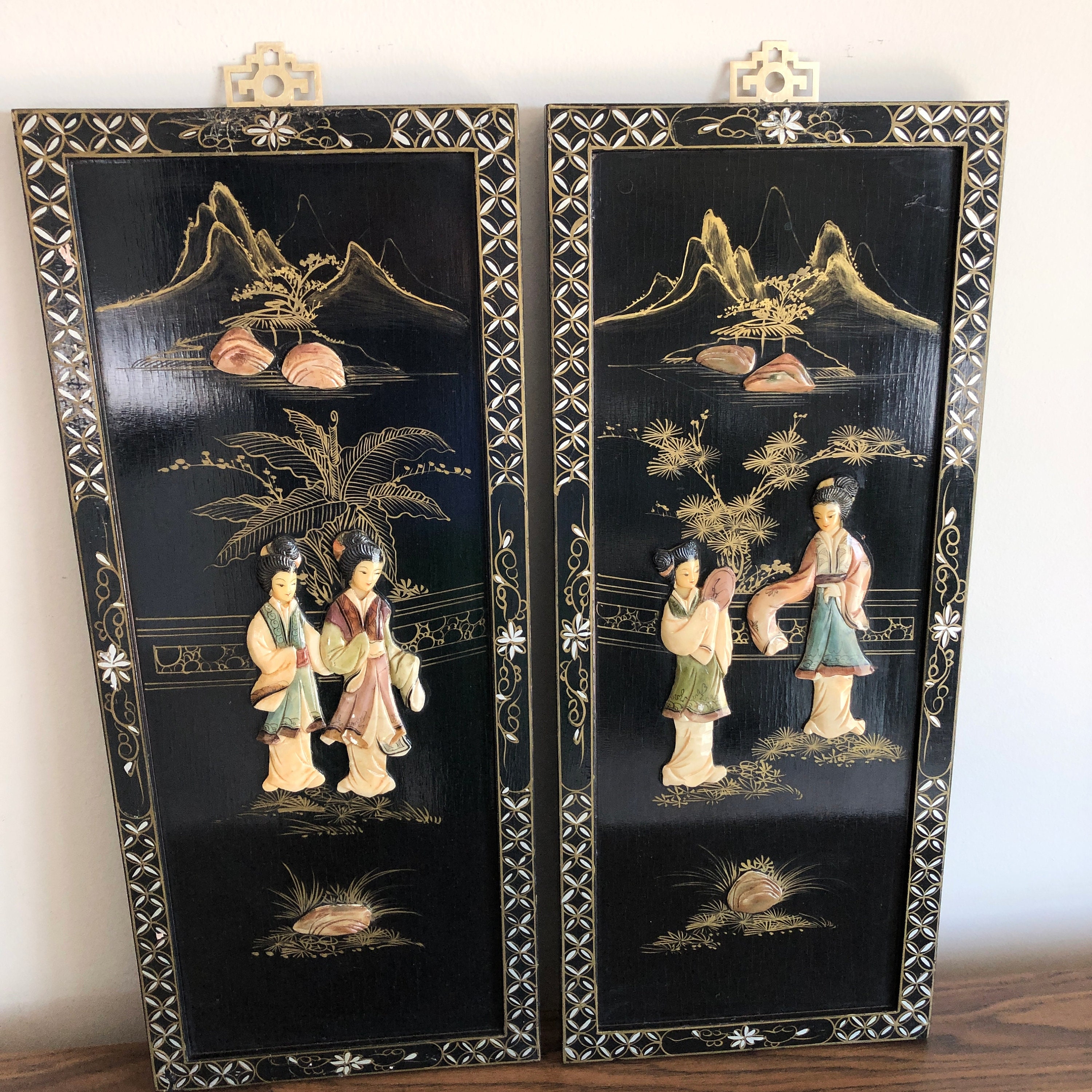Vintage Asian Wall Panels set of 2 Geisha Girls Mountain Etsy Canada