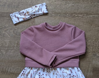 Waffle-knit jersey and cotton jersey dress with waistband, children's dress, children's dress, baby dress, baby dress, dress for children