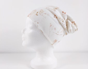 One cap, two styles! Cotton jersey beanie Autumn flowers
