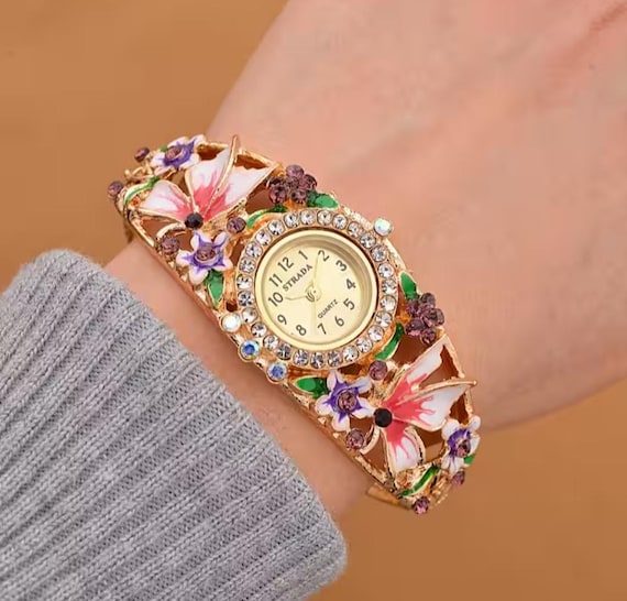 Floral Crystal Enamel Bangle Watch - Etsy display picture 3