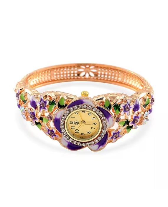 Floral Crystal Enamel Bangle Watch - Etsy Norway display picture 1