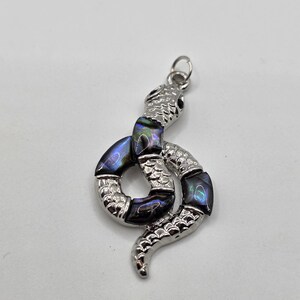 May include: Silver snake pendant featuring iridescent abalone shell inserts. The coiled snake design has detailed scales and a loop for a chain. The abalone shell pieces display blue, green, and purple colours.