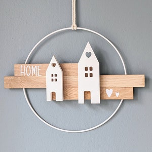 Decorative loop metal ring Home with block wood and Raysin houses wall decoration Home white