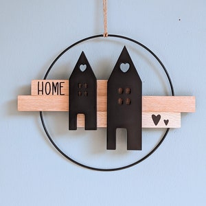 Decorating Loop Metal Ring Home with Block Wood and Raysin Houses Wall Decoration Black