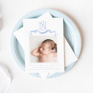 Blue Monogram Birth Announcement- Digital File