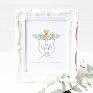 Watercolor Baby Boy Crest Print | Dusty Blue & Teddy Bear Monogram Crest Illustration