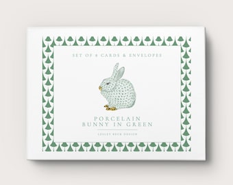 Porcelain Bunny in Green | Herend Style Notecards | Bunny Stationery